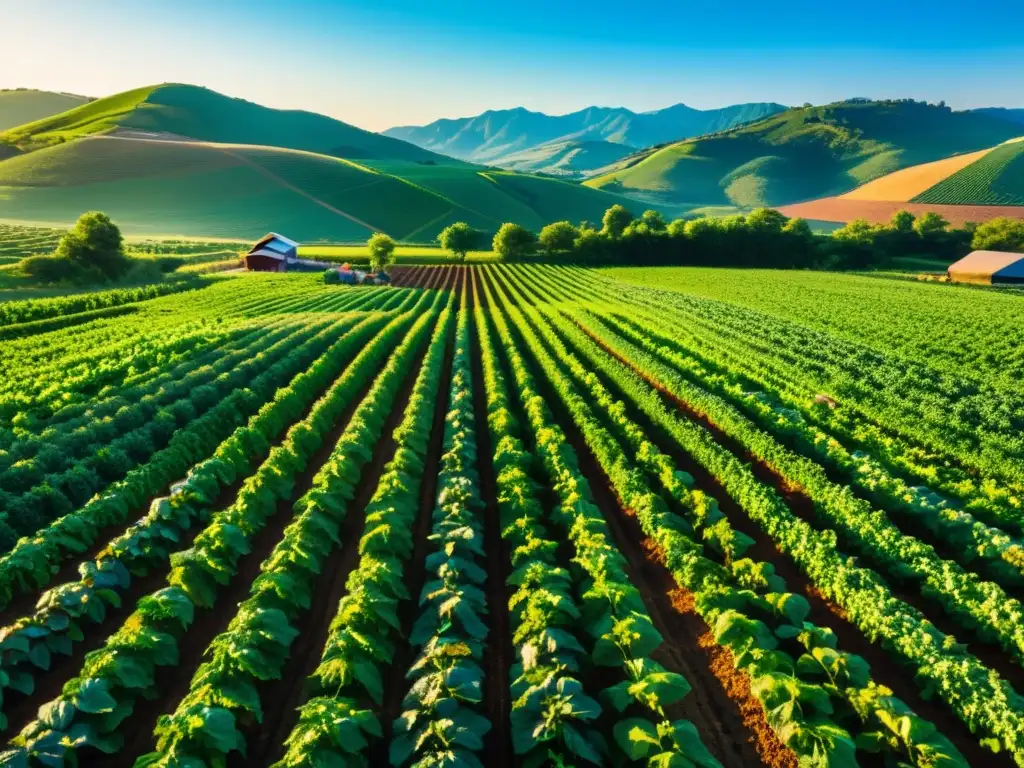 Una granja orgánica exuberante y vibrante con cultivos ordenados y trabajadores