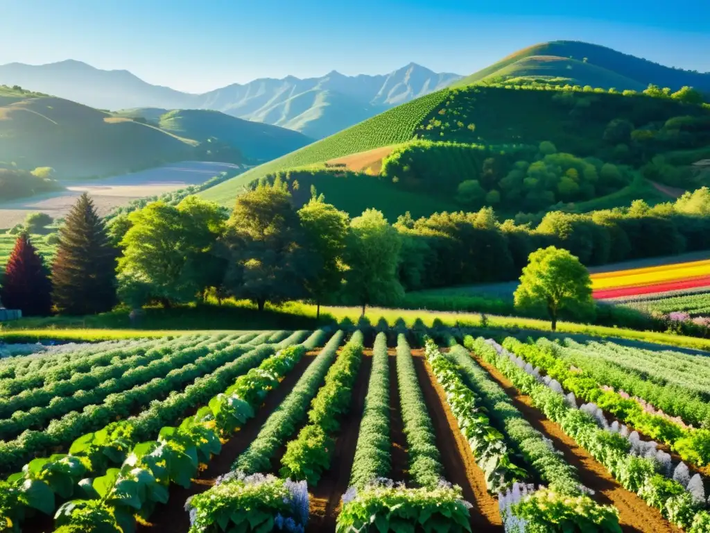 Una granja orgánica exuberante y vibrante con filas de frutas y verduras coloridas, cielo azul y sol cálido