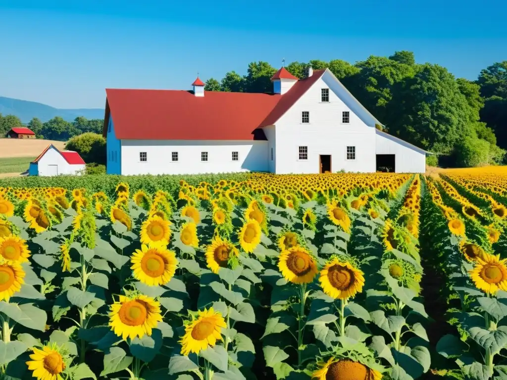 Una granja orgánica exuberante y vibrante con hileras ordenadas de vegetales coloridos, girasoles imponentes y un cielo azul claro