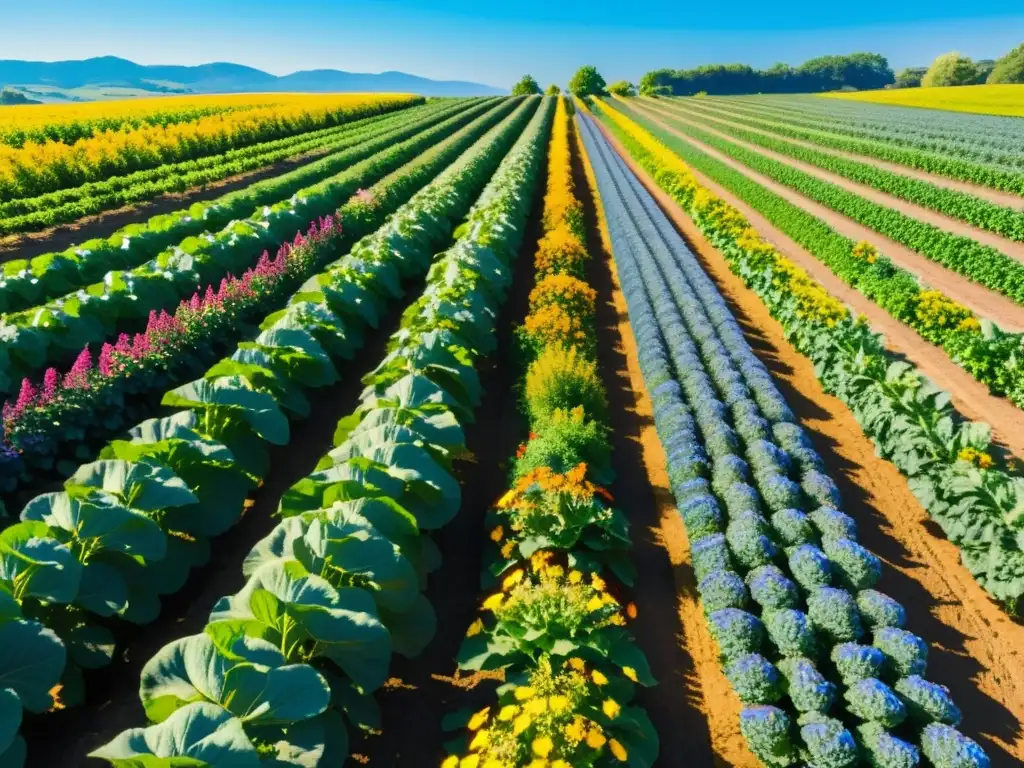 Una granja orgánica exuberante y vibrante con cultivos coloridos y prósperos bajo un cielo azul claro