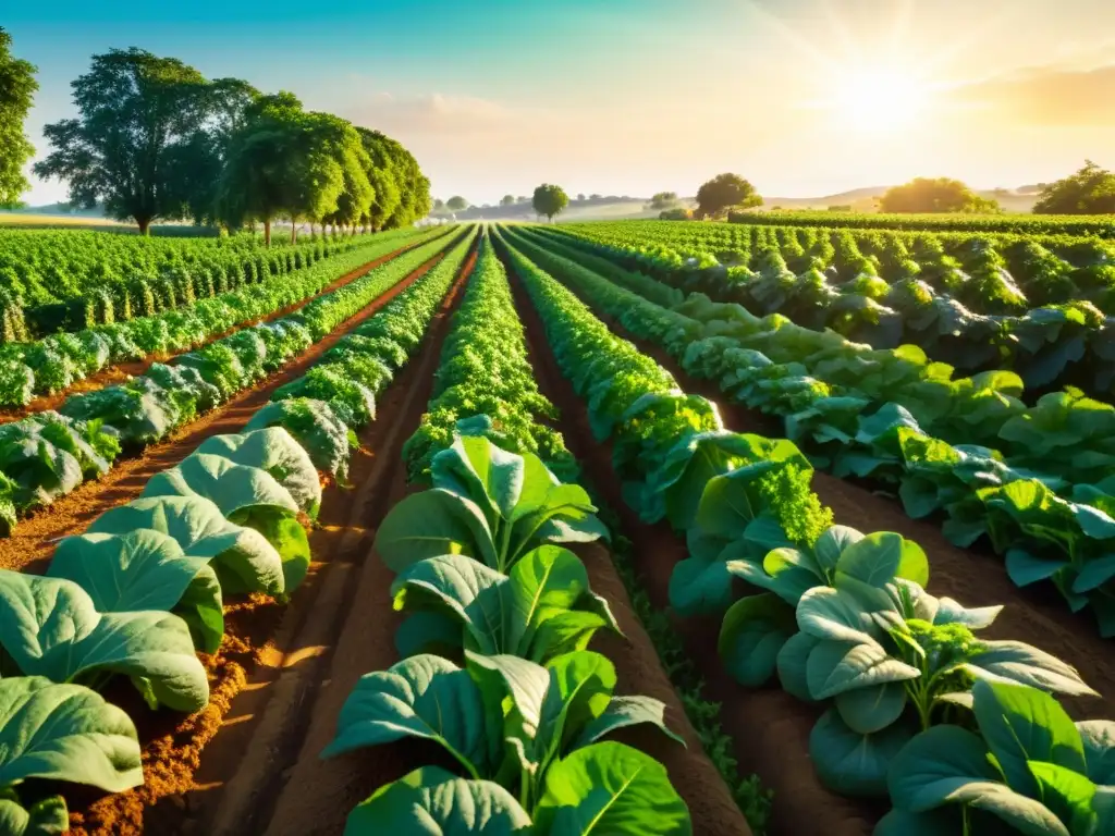 Una granja orgánica exuberante y vibrante, con cultivos saludables bañados por el sol