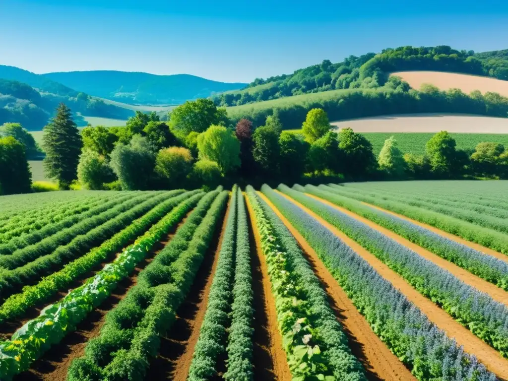 Una granja orgánica exuberante y vibrante, rodeada de ecosistemas prósperos, resalta la armonía entre la agricultura y la naturaleza