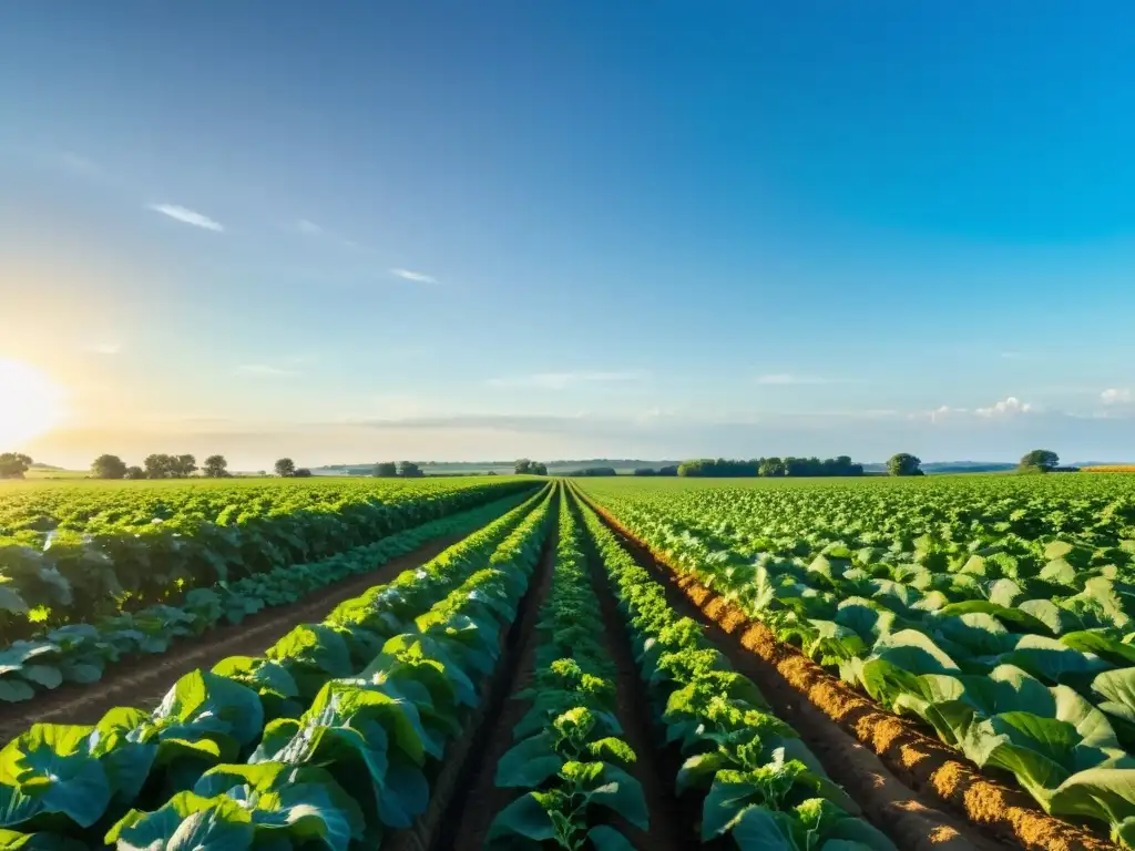 Una granja orgánica exuberante y vibrante, con cultivos que se extienden hasta el horizonte