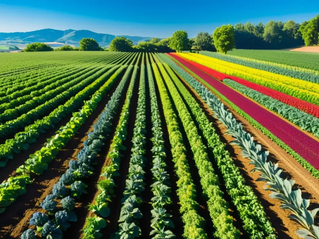 Una granja orgánica exuberante y vibrante con cultivos coloridos bajo un cielo azul claro