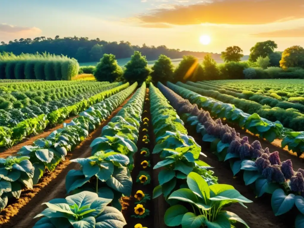 Una granja orgánica exuberante y vibrante con frutas y verduras coloridas