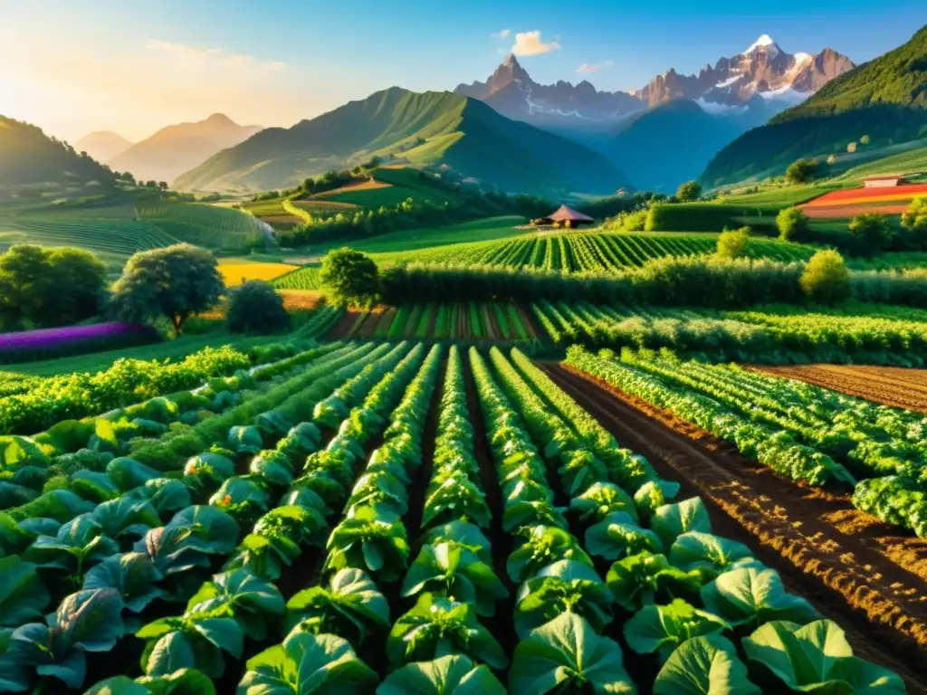 Una granja orgánica exuberante y vibrante, con frutas y verduras coloridas en filas interminables, bañada por la cálida luz del sol