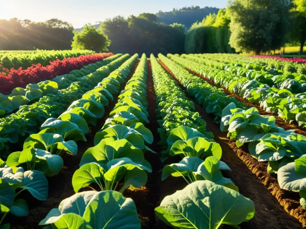 Una granja orgánica exuberante y vibrante con hileras de vegetales coloridos y verdes frondosos, bañada por la luz del sol