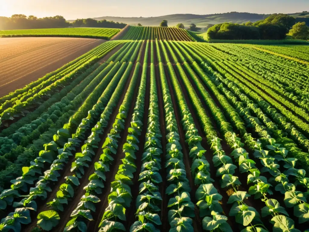 Una granja orgánica exuberante y vibrante con cultivos saludables que se extienden hasta el horizonte