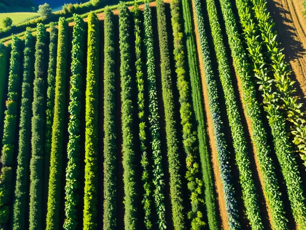 Una granja orgánica exuberante y vibrante en colinas, con cultivos coloridos y cielo azul