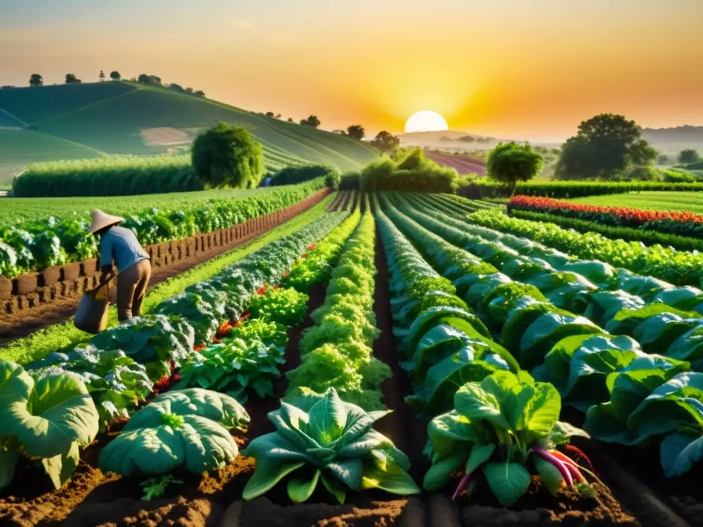 Una granja orgánica exuberante y vibrante con hileras de verduras y frutas coloridas