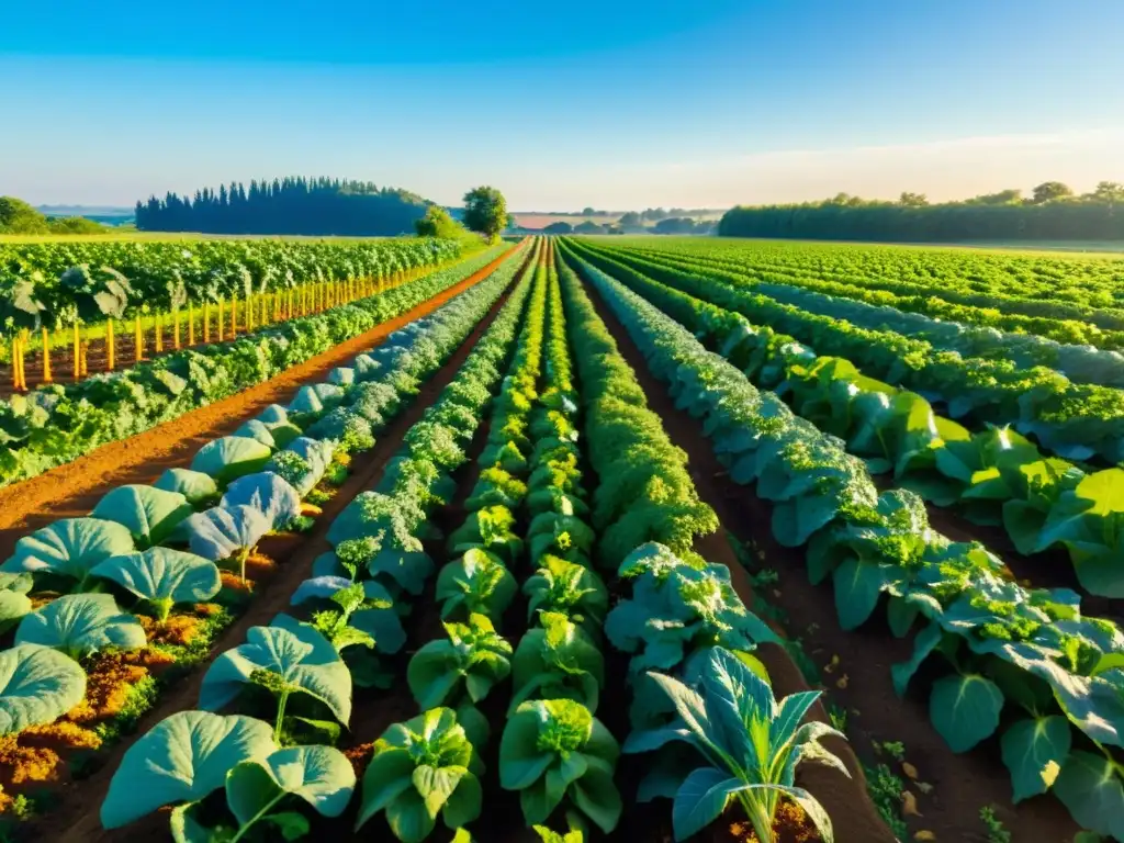 Una granja orgánica exuberante y vibrante con cultivos variados, frutas y hierbas