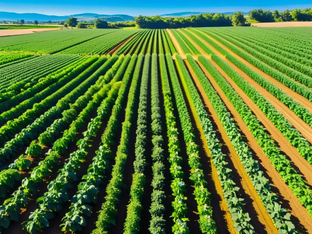 Una granja orgánica exuberante y vibrante con cultivos variados bajo un cielo azul claro