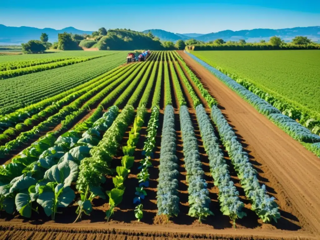 Una granja orgánica exuberante y vibrante con filas ordenadas de cultivos bajo un cielo azul claro