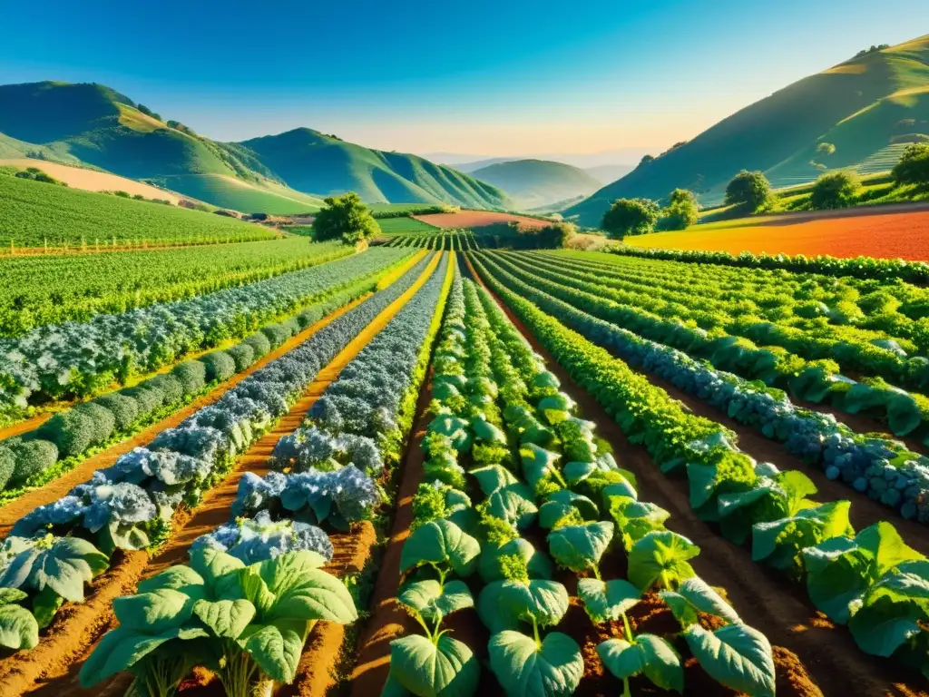 Una granja orgánica exuberante y vibrante con frutas y verduras coloridas y saludables, bañadas por el cálido sol