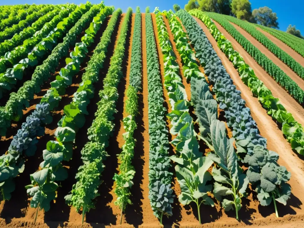 Una granja orgánica exuberante y vibrante, con cultivos de frutas y verduras coloridas bajo el cielo azul