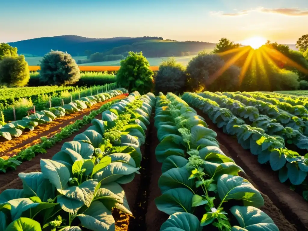 Una granja orgánica exuberante y vibrante con cultivos coloridos y frutales que se extienden hacia el horizonte