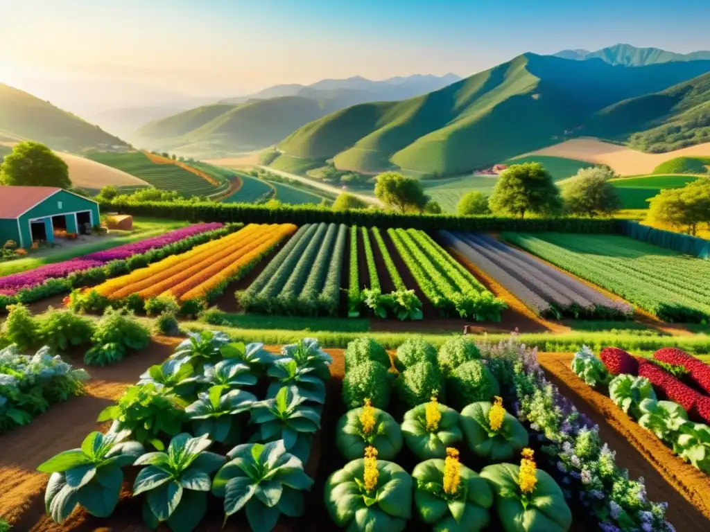 Granja orgánica exuberante y vibrante con hileras de frutas y verduras coloridas, bañadas por el sol dorado