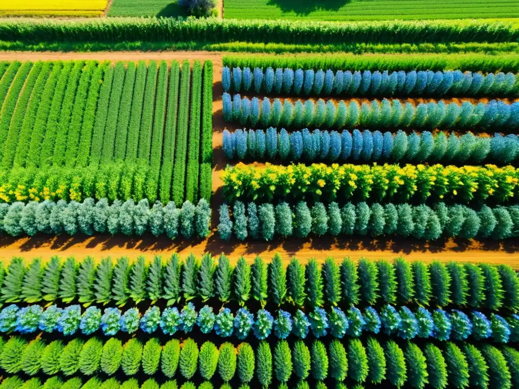 Una granja orgánica exuberante y vibrante, con cultivos verdes, flores coloridas y un cielo azul claro