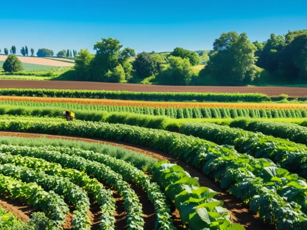 Una granja orgánica exuberante y vibrante con cultivos variados, abejas y mariposas