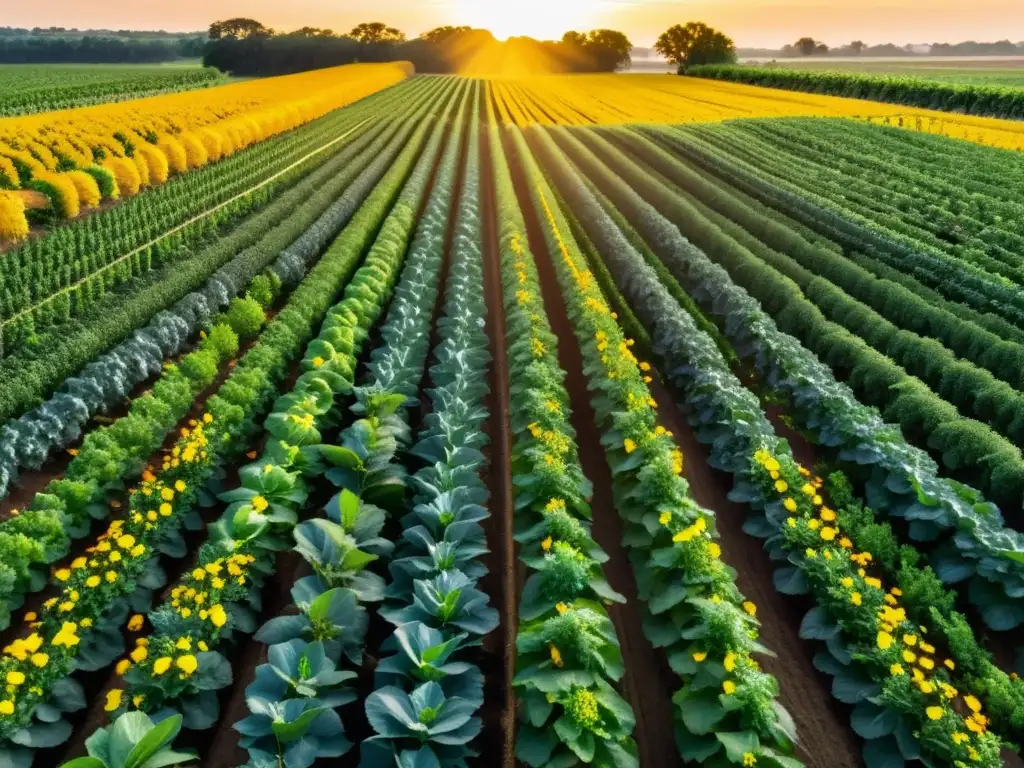 Una granja orgánica exuberante y vibrante con cultivos cuidadosamente atendidos