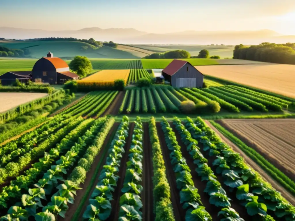 Una granja orgánica exuberante y vibrante con cultivos plantados ordenadamente, bañada por la cálida luz dorada del sol