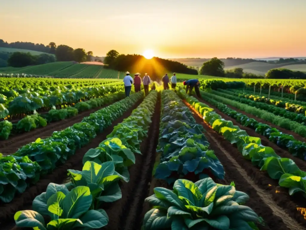 Una granja orgánica exuberante y vibrante al atardecer, donde los agricultores cuidan los cultivos con detalle y amor, conservando el ecosistema