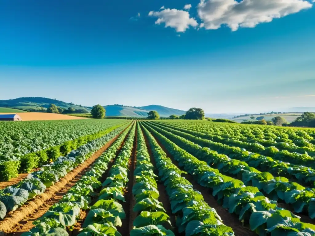 Una granja orgánica exuberante y vibrante se adapta al cambio climático con campos frondosos y saludables bajo el cálido sol