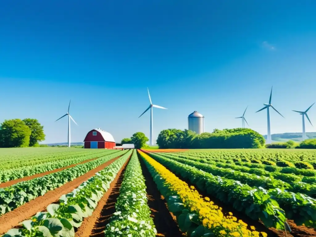 Una granja orgánica exuberante y vibrante con cultivos coloridos bajo un cielo azul claro