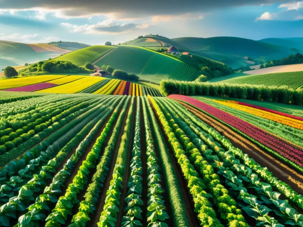 Una granja orgánica exuberante y vibrante con cultivos coloridos en colinas ondulantes, reflejando tendencias emergentes en agricultura sostenible