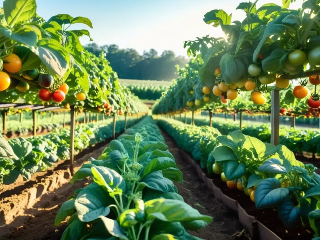 En una granja orgánica exuberante y vibrante, los cultivos abundan bajo el cálido sol