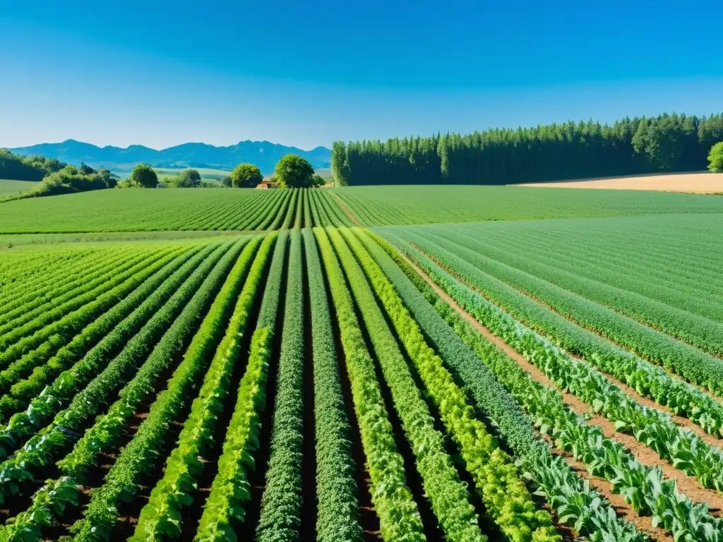 Una granja orgánica exuberante y vibrante con cultivos verdes y un cielo azul claro, transmitiendo abundancia y belleza natural