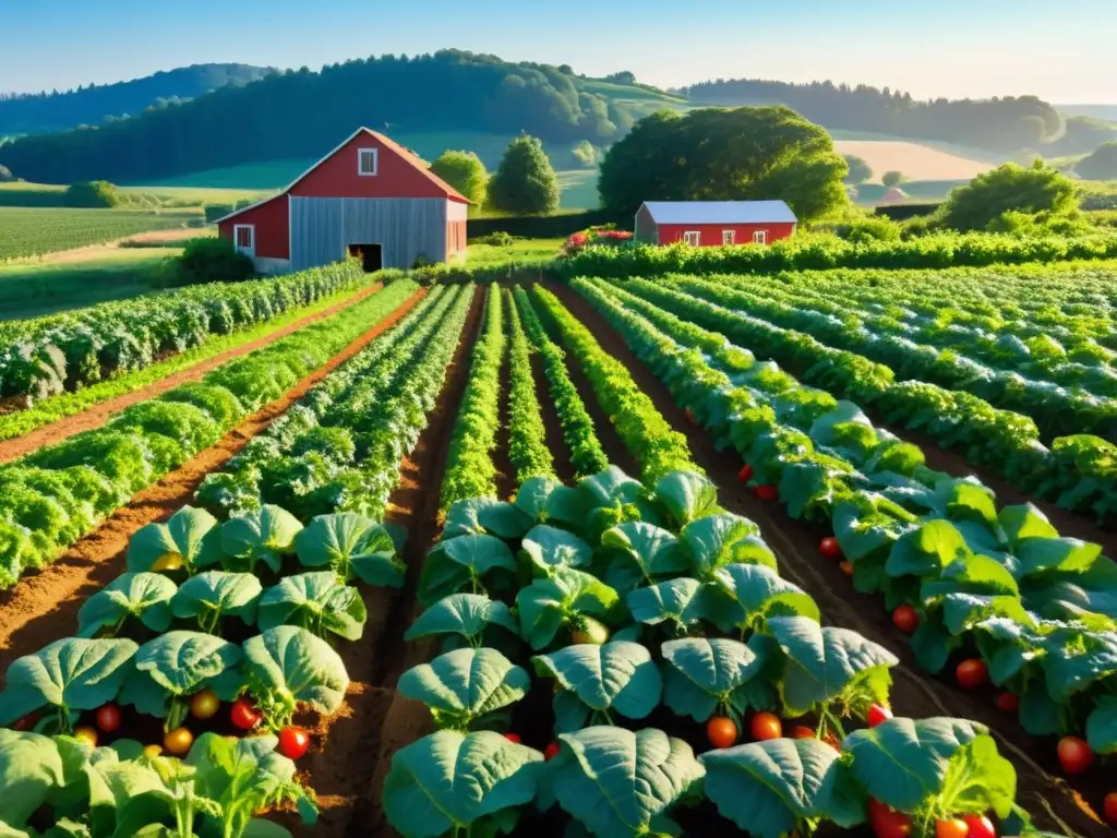 Una granja orgánica exuberante y vibrante con filas ordenadas de tomates, lechugas, zanahorias y fresas