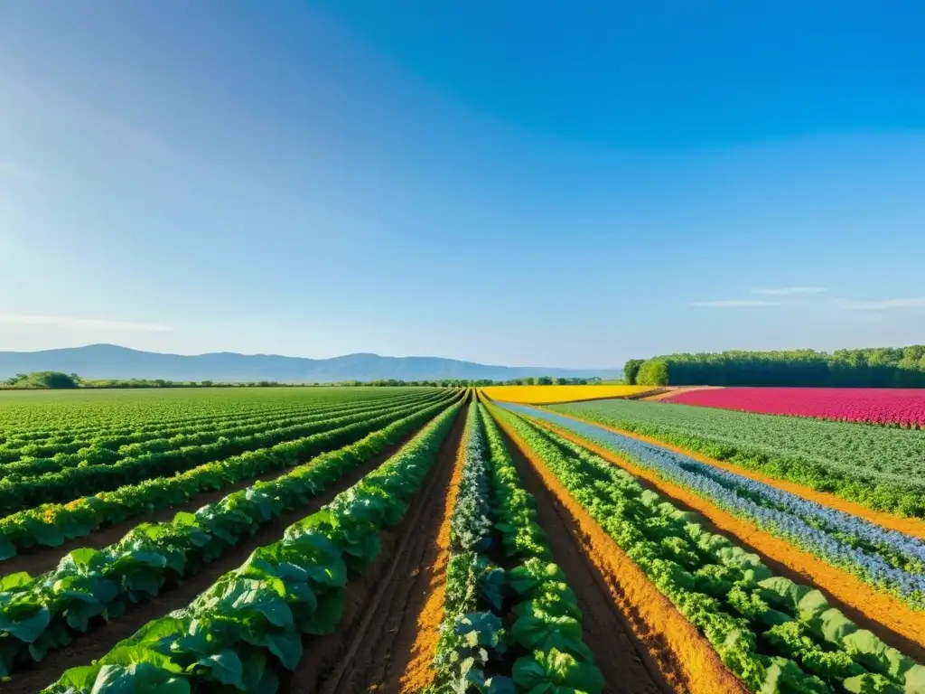 Una granja orgánica exuberante y vibrante con cultivos coloridos bajo un cielo azul