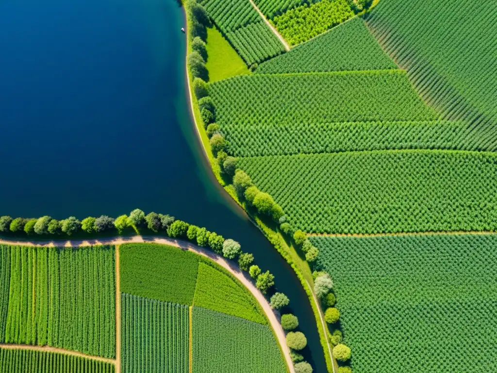 Una granja orgánica exuberante y vibrante, con cultivos ordenados y un bosque denso bajo un cielo azul claro