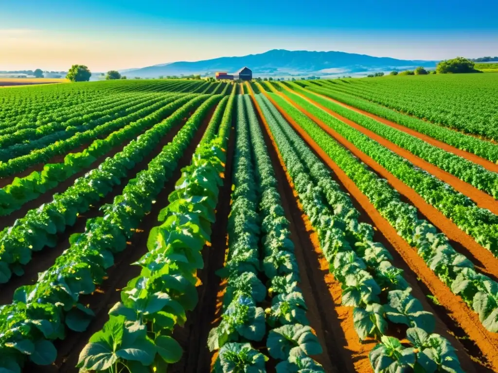 Una granja orgánica exuberante y vibrante, con cultivos coloridos y saludables que se extienden hacia el horizonte