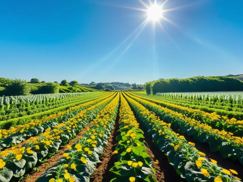 Una granja orgánica exuberante y vibrante con hileras de cultivos verdes bajo un cielo azul