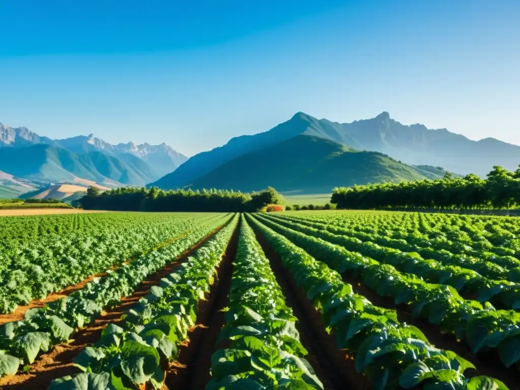 Una granja orgánica exuberante y vibrante con cultivos variados, bañada por la luz del sol y rodeada de montañas