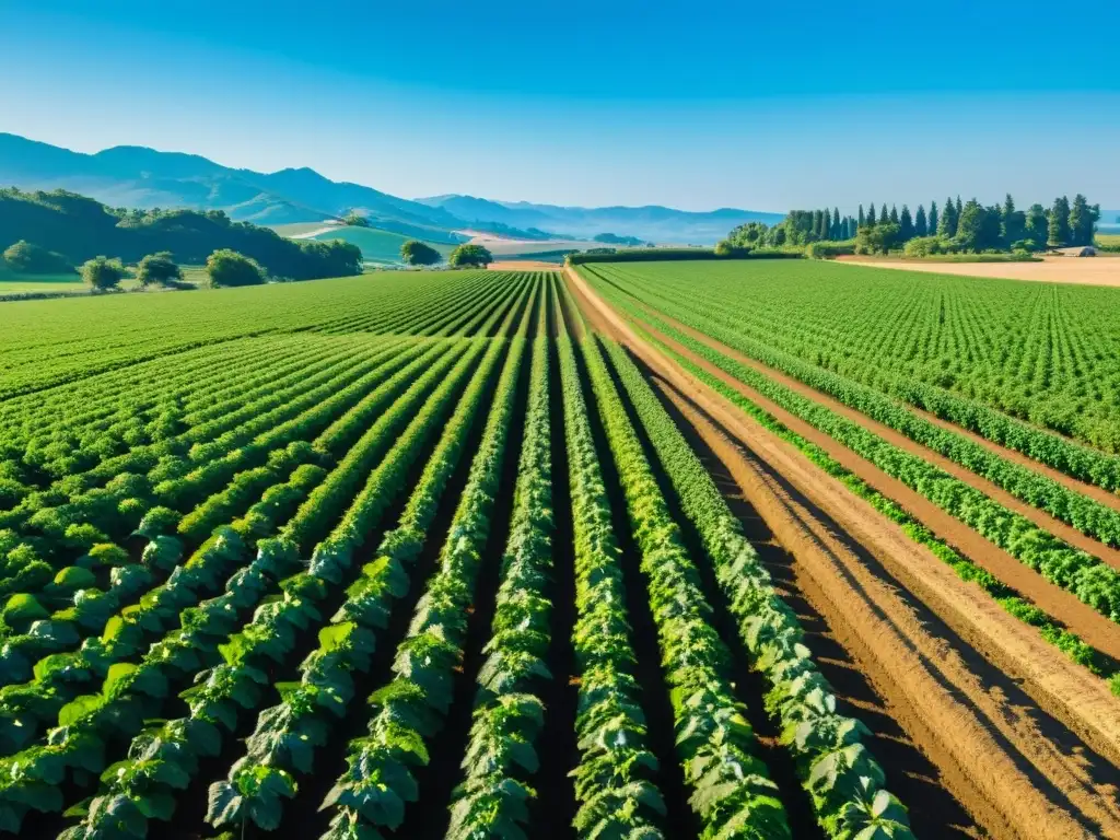 Una granja orgánica exuberante y vibrante con cultivos diversos bajo un cielo azul