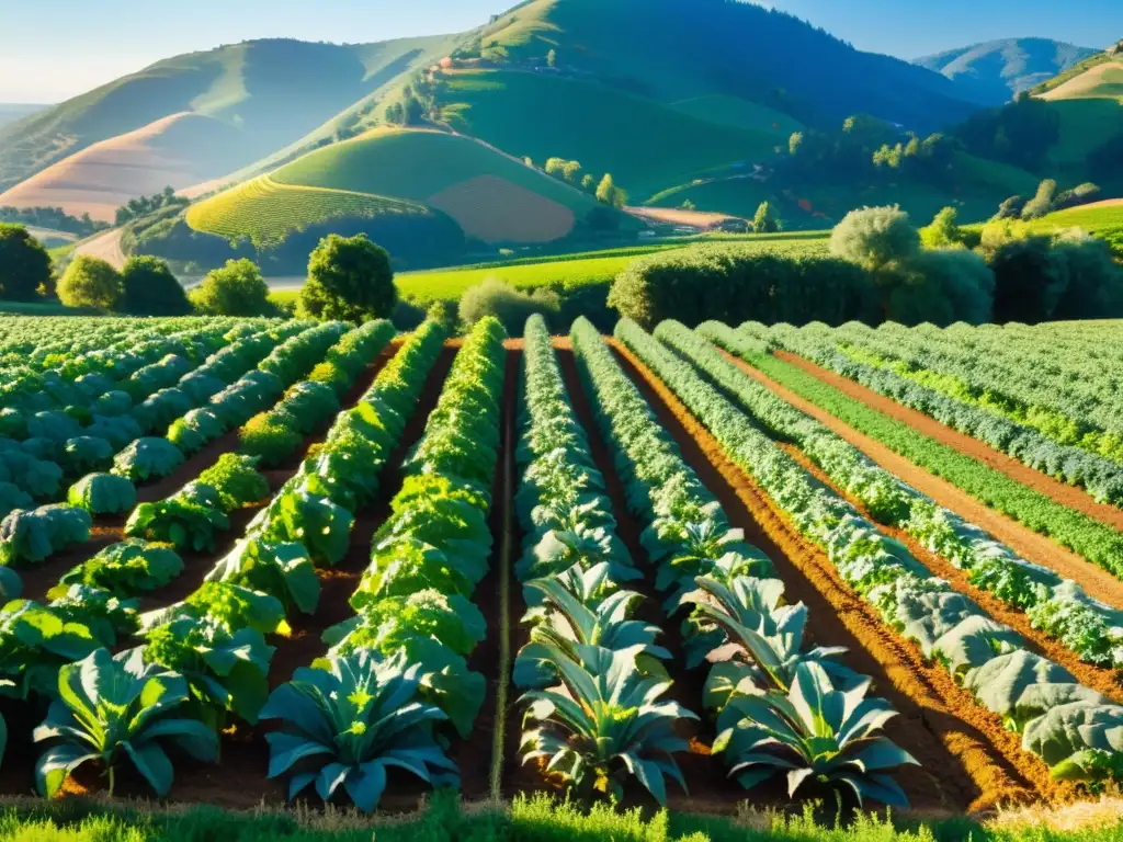 Una granja orgánica exuberante y vibrante con filas de coloridas verduras y frutas, bañadas por la luz dorada del sol