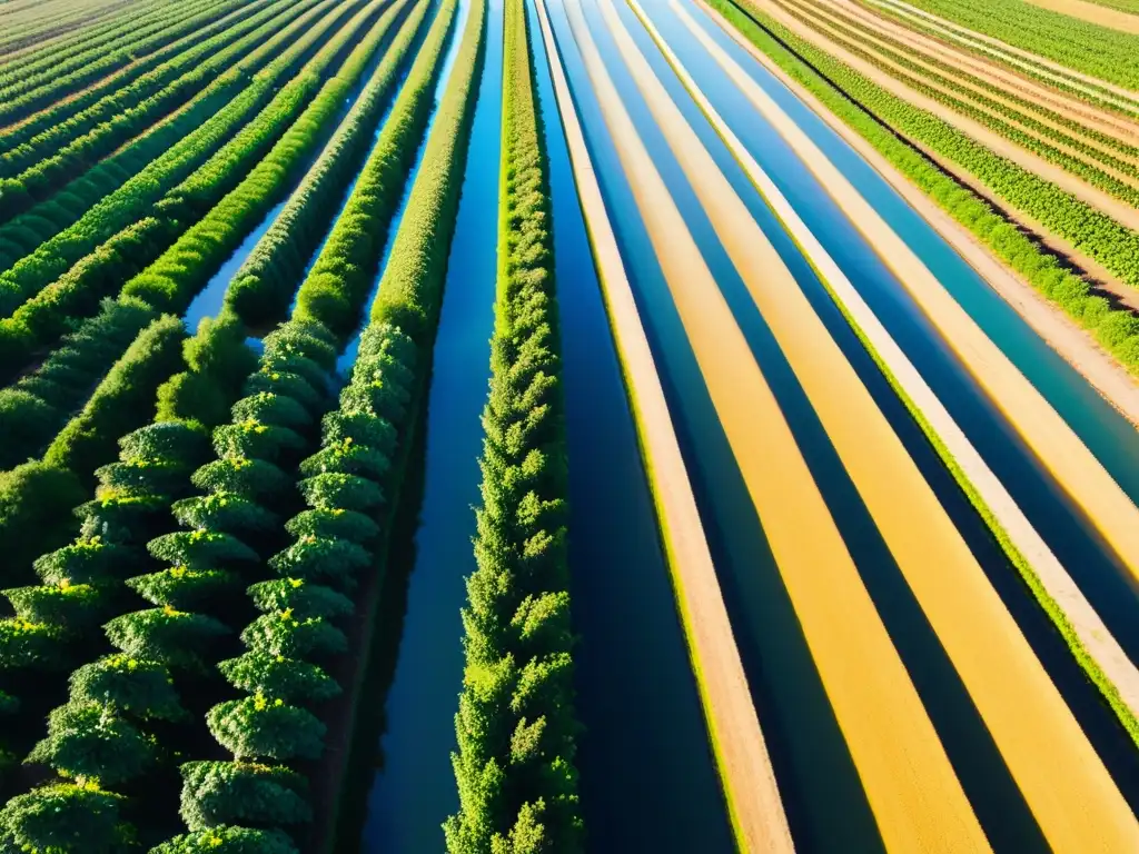 Una granja orgánica exuberante y vibrante con cultivos perfectamente plantados, bañada por un canal de riego cristalino bajo el cielo azul