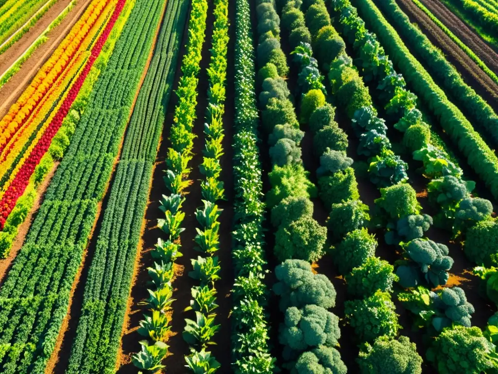 Una granja orgánica con filas de frutas y verduras coloridas bañadas por la cálida luz del sol