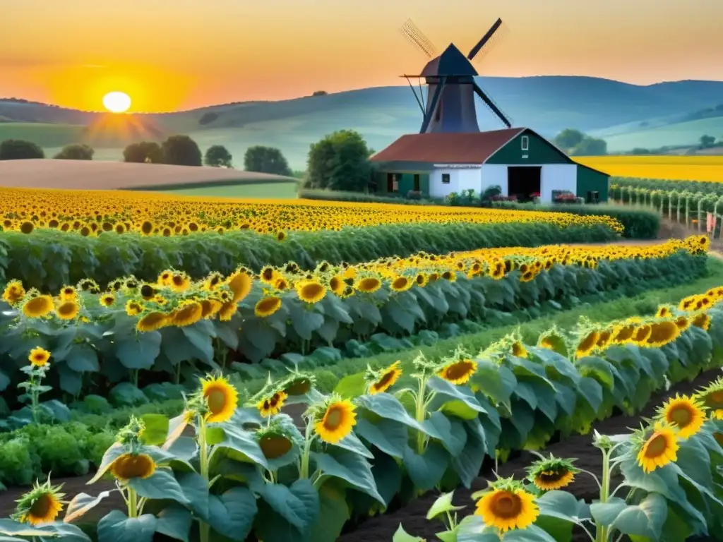 Granja orgánica con hileras de vegetales y frutas, rodeada de girasoles