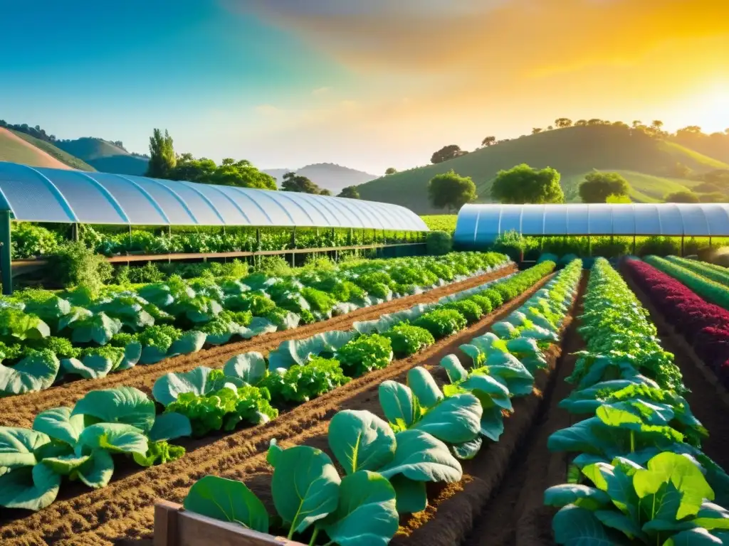 Granja orgánica con hileras de verduras verdes y árboles frutales