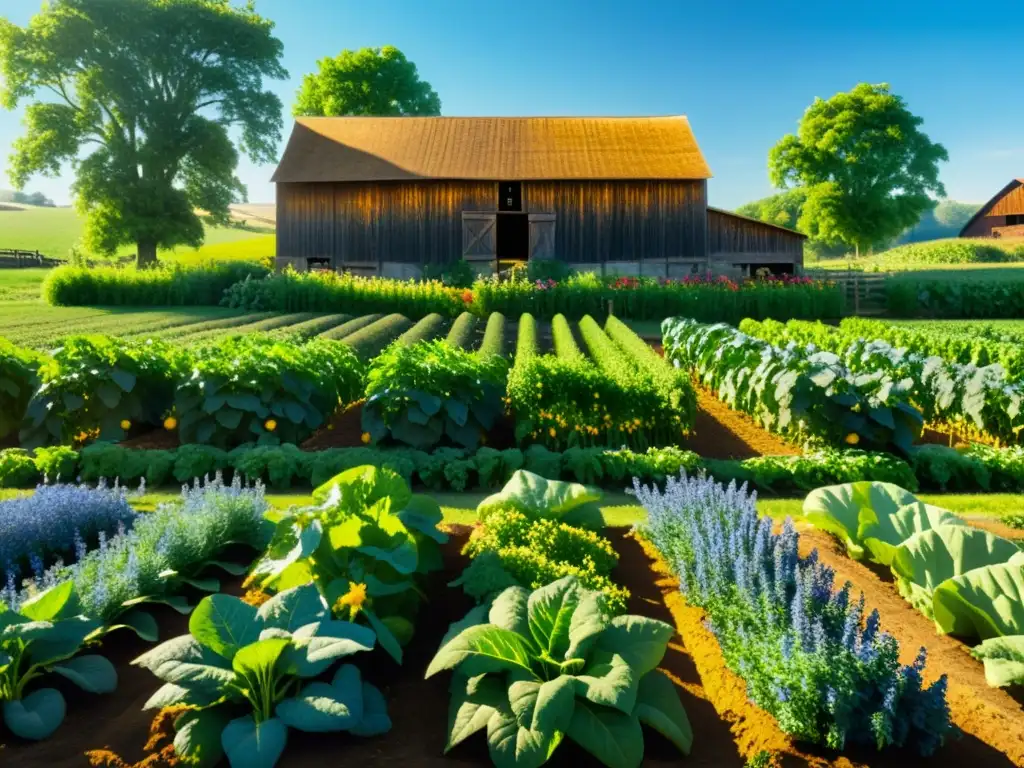 Granja orgánica con hortalizas y frutas vibrantes bañadas por la luz dorada del sol