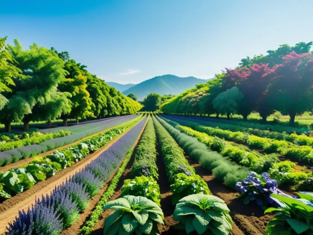 Granja orgánica llena de biodiversidad, con coloridos cultivos, árboles frutales, flores y vida silvestre