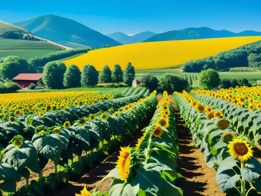 Granja orgánica llena de vida y color, con cultivos variados bajo cielo azul