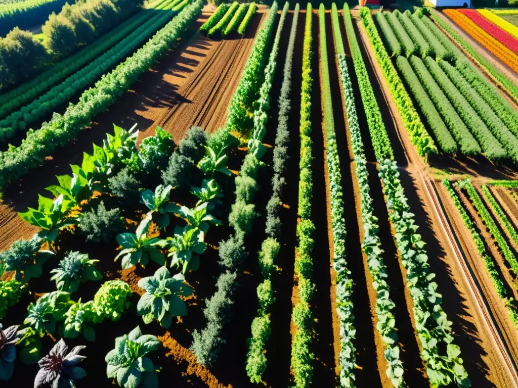 Una granja orgánica llena de vida, con cultivos coloridos y detallados