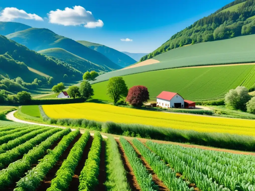 Granja orgánica local bañada por el sol en un valle exuberante, con cultivos verdes y armonía con la naturaleza en el cambio climático