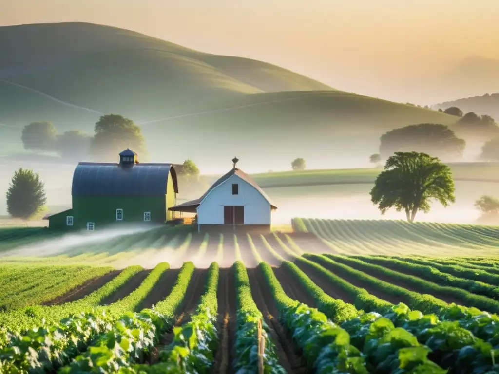 Una granja orgánica local al amanecer, con cultivos verdes y luz dorada, escena pacífica