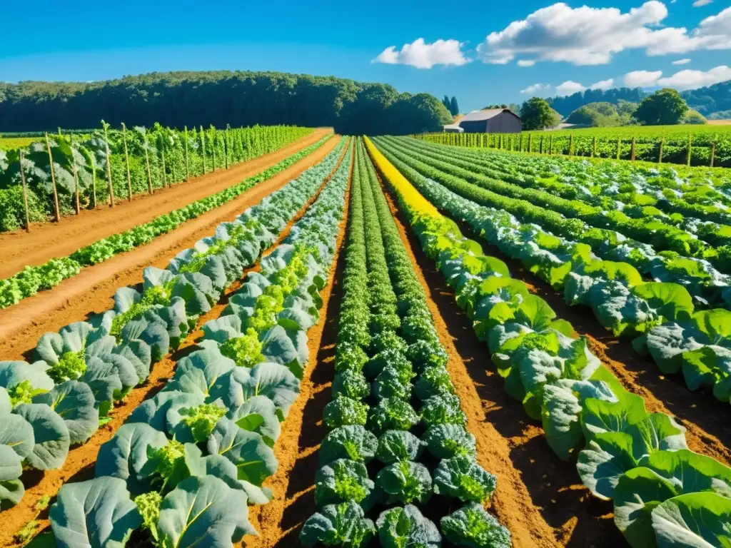 Una granja orgánica local exuberante y organizada con esmero, resplandece bajo el cálido sol